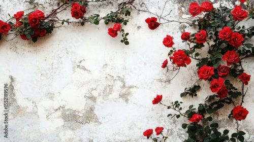 A cluster of vibrant red roses climbs along a weathered white concrete wall