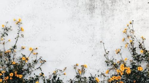 Delicate yellow flowers climb up a weathered white wall
