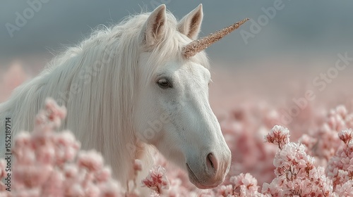 Majestic white unicorn standing among blooming pink flowers in a serene landscape during a sunny afternoon