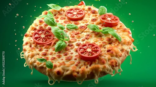Delicious pizza topping assembly with tomato and basil on green background. Italian food