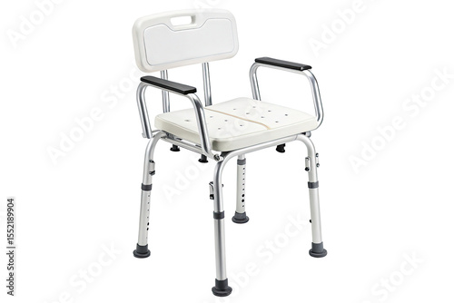 Adjustable white shower chair with padded seat and backrest isolated on transparent background