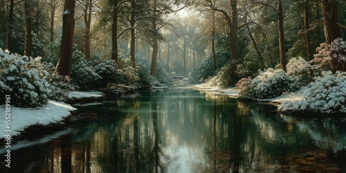 Winter landscape with a serene river flowing through a snow-covered forest at dawn with soft sunlight filtering through the trees