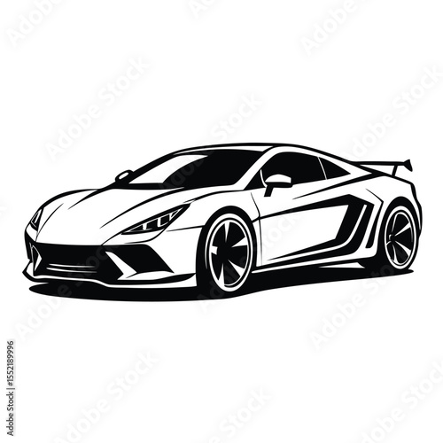 Sleek Black and White Graphic Illustration of a Modern Sports Car with Rear Wing