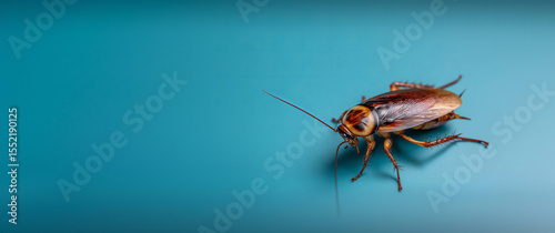 Close-up of a brown cockroach on a vibrant blue background showcasing intricate details and textures