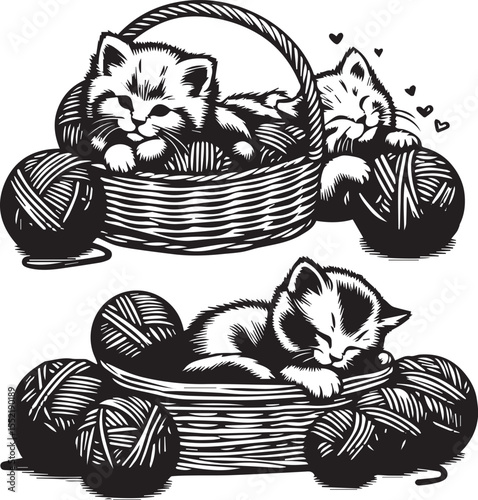 Three adorable kittens play with yarn in charming woven baskets, creating a heartwarming and playful feline scene.