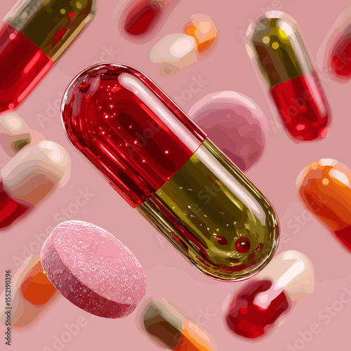 Colorful capsules and pills floating in air on pink background  