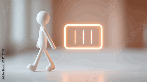 3D character walking towards glowing battery indicator symbol  