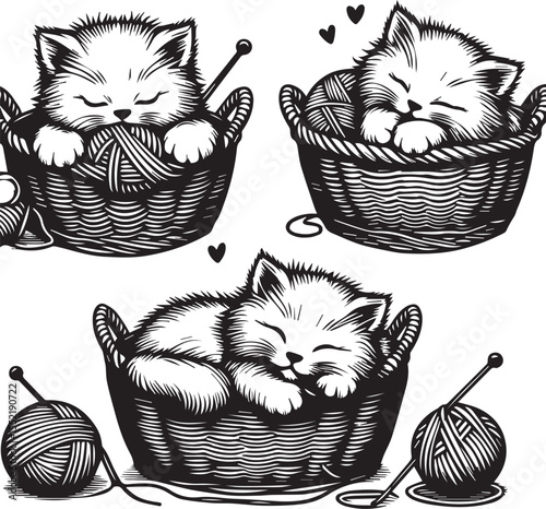 Three adorable kittens play with yarn in charming woven baskets, creating a heartwarming and playful feline scene.