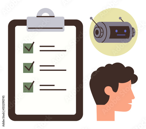 Clipboard with checklist, humanoid robot icon, and user profile emphasizing collaboration, task management, automation. Ideal for teamwork, technology, productivity, workflow AI interaction task