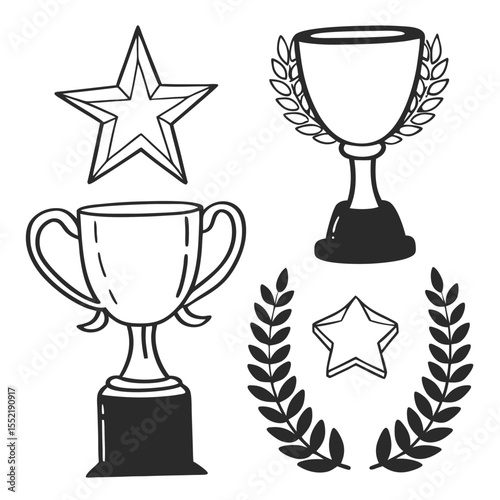 Collection of Trophy and Star Symbols Representing Achievement and Victory Celebration