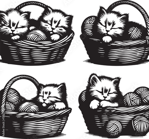 Three adorable kittens play with yarn in charming woven baskets, creating a heartwarming and playful feline scene.