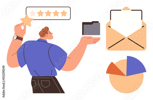 Person reviewing star ratings, holding a file folder, pie chart, and document envelope. Ideal for feedback, communication, teamwork, performance strategy analytics success. Modern flat metaphor