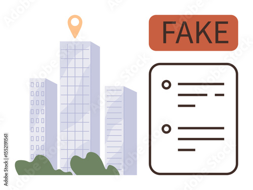 Tall buildings with a location pin beside a labeled fake document representing misinformation, fraud, or forgery in business, online content, authentication, urban documentation, and data