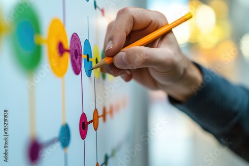 Hand interacting with colorful timeline diagram on a whiteboard for project planning