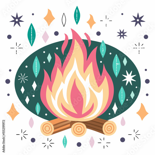 Stylized campfire with glowing stars and nature symbols