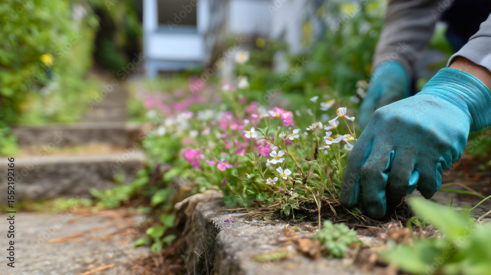 Naklejka premium A close-up captures gloved hands gently planting vibrant flowers, showcasing the peaceful dedication and natural beauty of gardening on a sunny day.