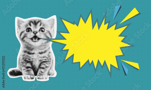 Halftone pop art collage banner template featuring retro comic-style kitten with empty speech bubble on blue dotted background, vintage vector design for poster or message