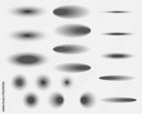 Realistic vector shadow set with transparent soft drop effects and oval gradients for object mockups, UI elements and layout design in modern design