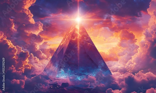 Majestic pyramid rising above a sea of clouds, bathed in the warm glow of a celestial light source