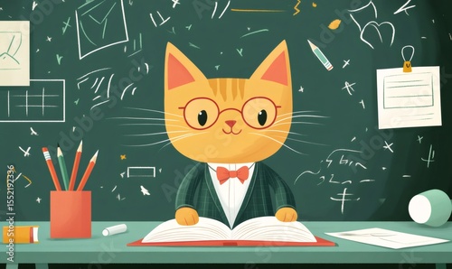 Ginger cat wearing glasses and a suit reading a book at school desk in front of a blackboard with math equations and drawings
