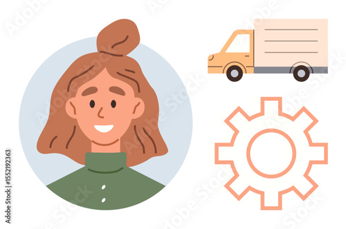 Smiling woman portrait, orange gear, and delivery truck convey teamwork, logistics, planning, delivery, collaboration, operations and customer service. Ideal for business organization