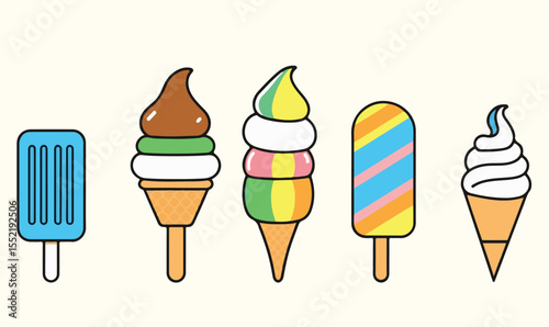 A vector set of five different ice cream treats. Popsicle, cone with scoops, layered pop, twist pop, soft serve. Ice cream illustrations.
