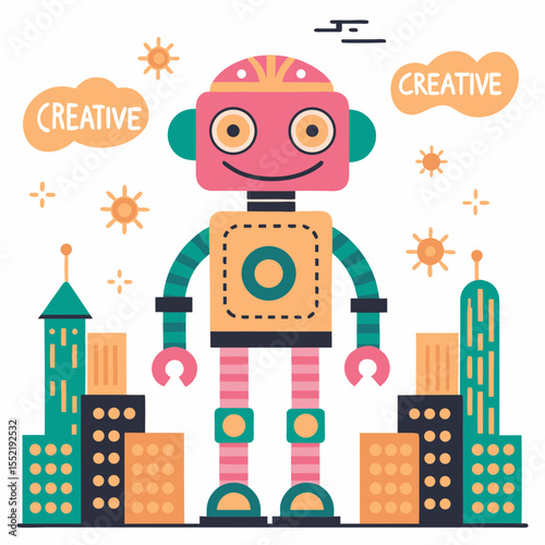 Cartoon robot with buildings and creative text