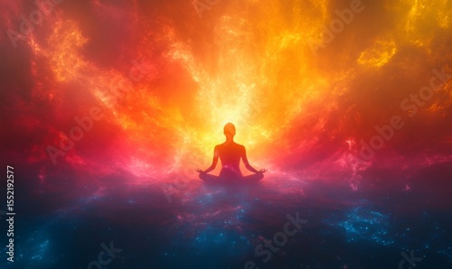 Silhouette of a woman practicing yoga in the lotus position, surrounded by a vibrant nebula, creating a serene and cosmic atmosphere