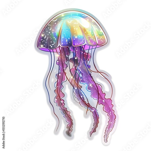 Vibrant holographic cartoon jellyfish sticker with shimmering rainbow tones isolated on clean white background. Ideal for creative stationery, laptop decals and digital design project