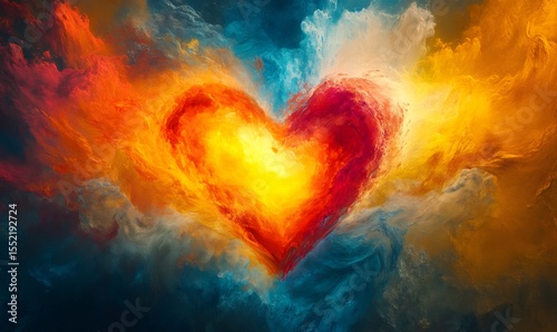 Swirling clouds of vibrant color embrace a fiery heart, symbolizing intense love, passion, or emotional intensity
