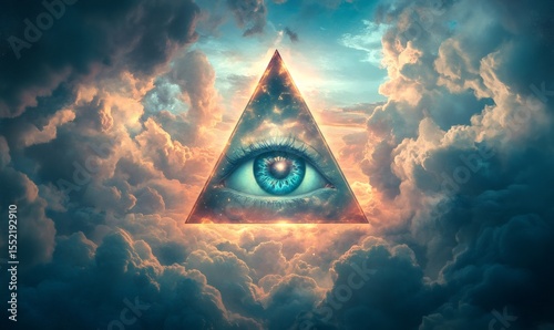 All-seeing eye inside a glowing triangle floating above a dramatic cloudscape, symbolizing spiritual awareness and higher knowledge