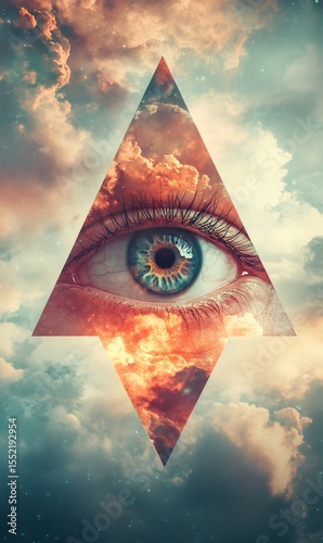 Surreal image of an eye looking through triangle shaped clouds in a starry sky, creating a mystical and evocative atmosphere