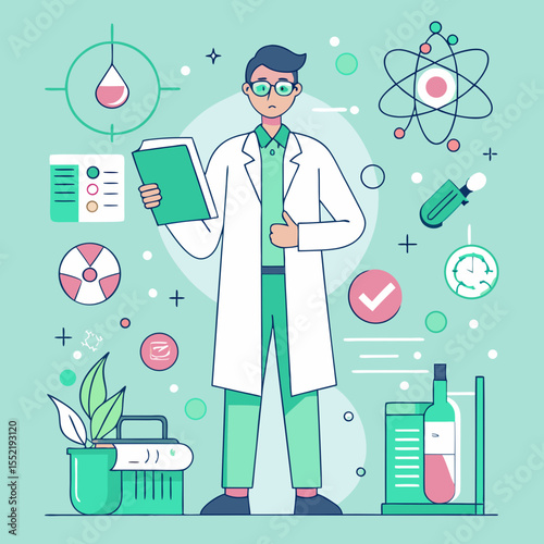 Scientist in lab coat with scientific equipment and symbols in flat design style