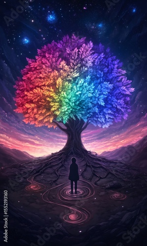 Person standing within a magical circle, admiring a radiant rainbow tree glowing brightly beneath a star-filled night sky