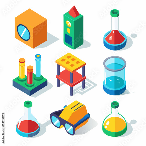 Collection of colorful isometric science laboratory equipment and objects