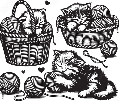 Three adorable kittens play with yarn in charming woven baskets, creating a heartwarming and playful feline scene.