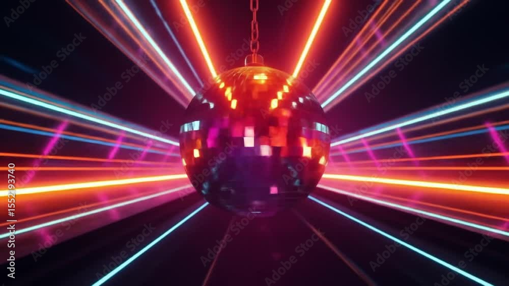 Abstract disco ball in neon tunnel. Bright pink and blue lights create futuristic space. Digital art with glowing balls, tunnel effect. Modern technology, party atmosphere. 4k video