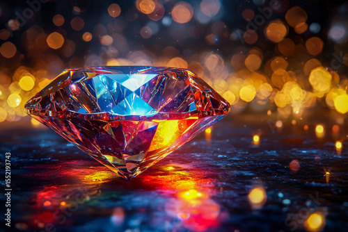 Sparkling diamond gemstone with colorful reflections and blurred bokeh lights in the background