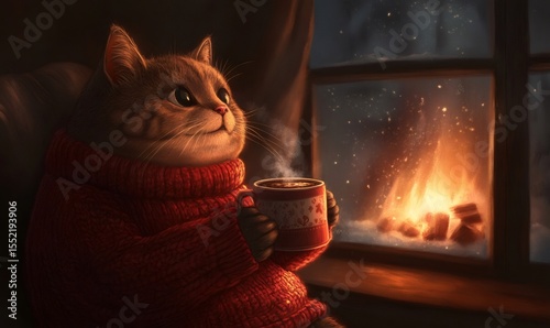 Charming cat sits by a window on a snowy evening, wearing a festive sweater and savoring a warm beverage as a fireplace crackles nearby
