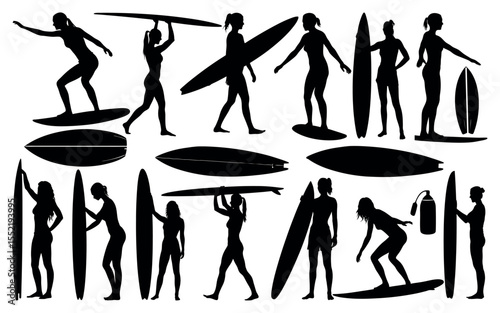 Collection of female surfer silhouettes in various poses with surfboards silhouette