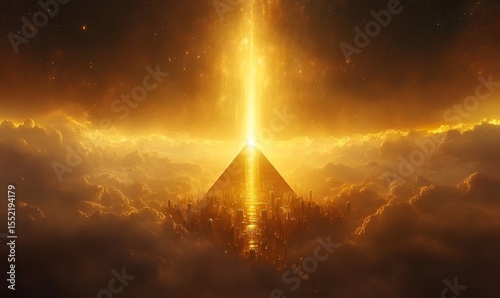 Golden pyramid emitting a powerful beam of light above a futuristic city in the clouds, a breathtaking and surreal landscape