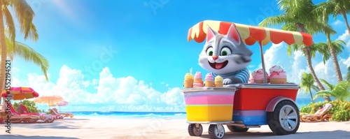 Happy cartoon cat selling ice cream cones on a colorful cart on a sunny beach with palm trees, enjoying summer vacation