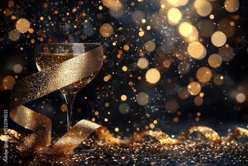 Elegant champagne glass with glittering ribbon and festive bokeh background for celebration or special occasion