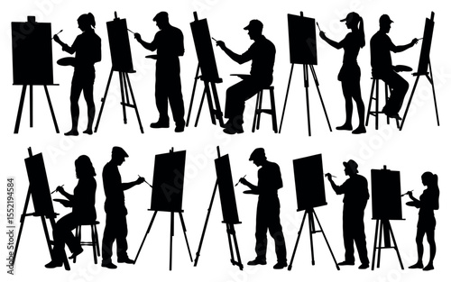 Diverse group of artists painting on easels in a studio silhouette