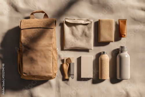 An organized flat lay featuring an array of eco-friendly and sustainable travel essentials.