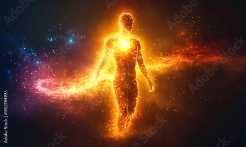 Glowing human silhouette emanating light and energy within a vibrant cosmic backdrop, symbolizing spiritual awakening or ascension