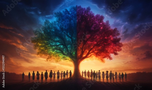 People gathering around a large, glowing, multicolored tree at sunset, symbolizing unity, diversity, and spiritual connection
