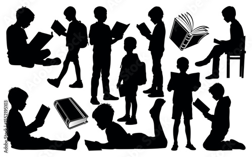 Collection of children reading books in various poses silhouette