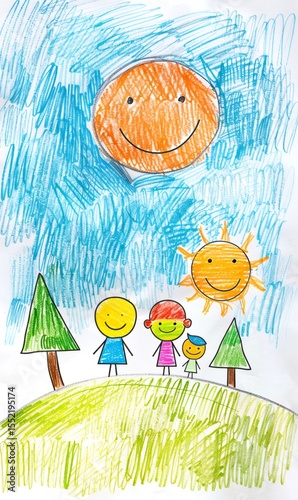 Kids drawing depicting a joyful family enjoying a sunny day outdoors, surrounded by vibrant trees, a bright blue sky, and colorful elements