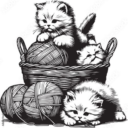 Three adorable kittens play with yarn in charming woven baskets, creating a heartwarming and playful feline scene.